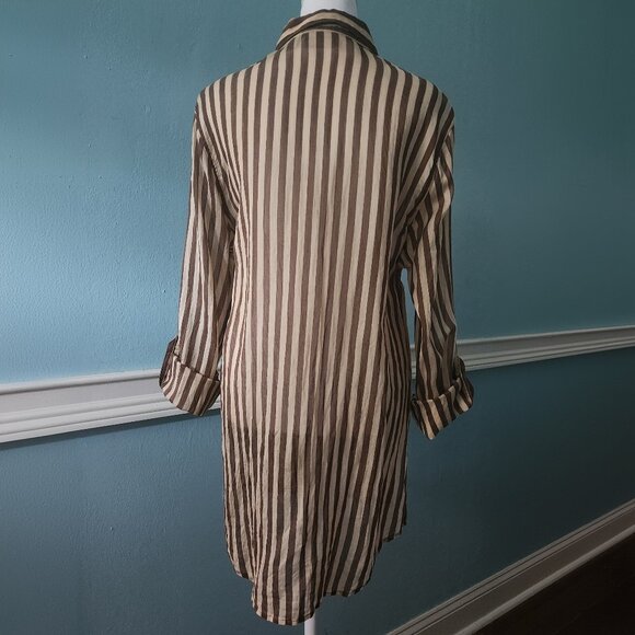 Chico’s sz 2 (L/12) Stripe Tunic Button down tan chocolate silk/cotton blend - Picture 3 of 9